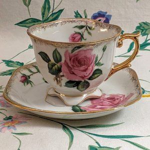 Uniquely square-shaped vintage Mid-century Royal Sealy Japan rose themed teacup